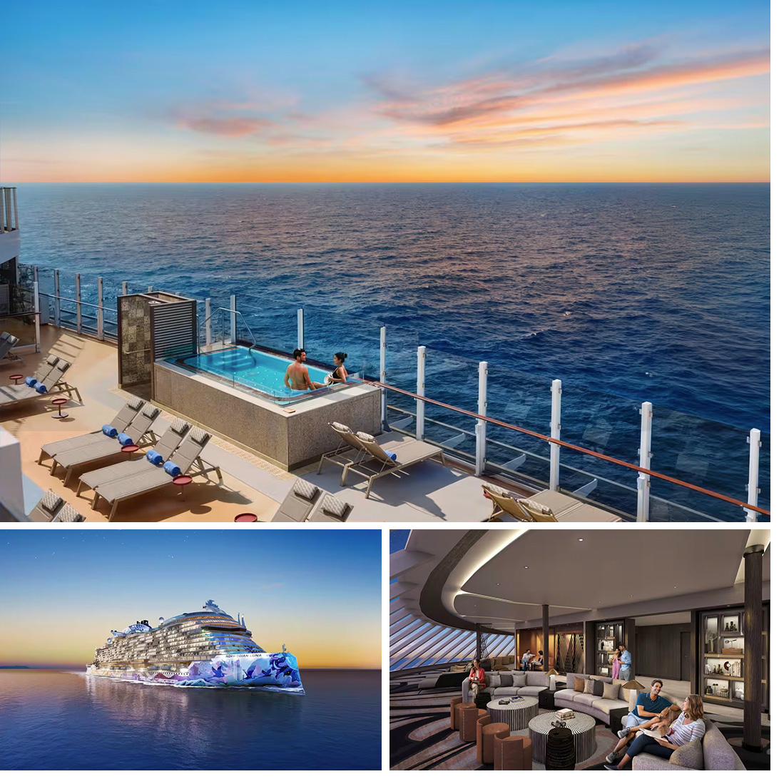 Luxury cruise ship pool deck and lounge at sunset